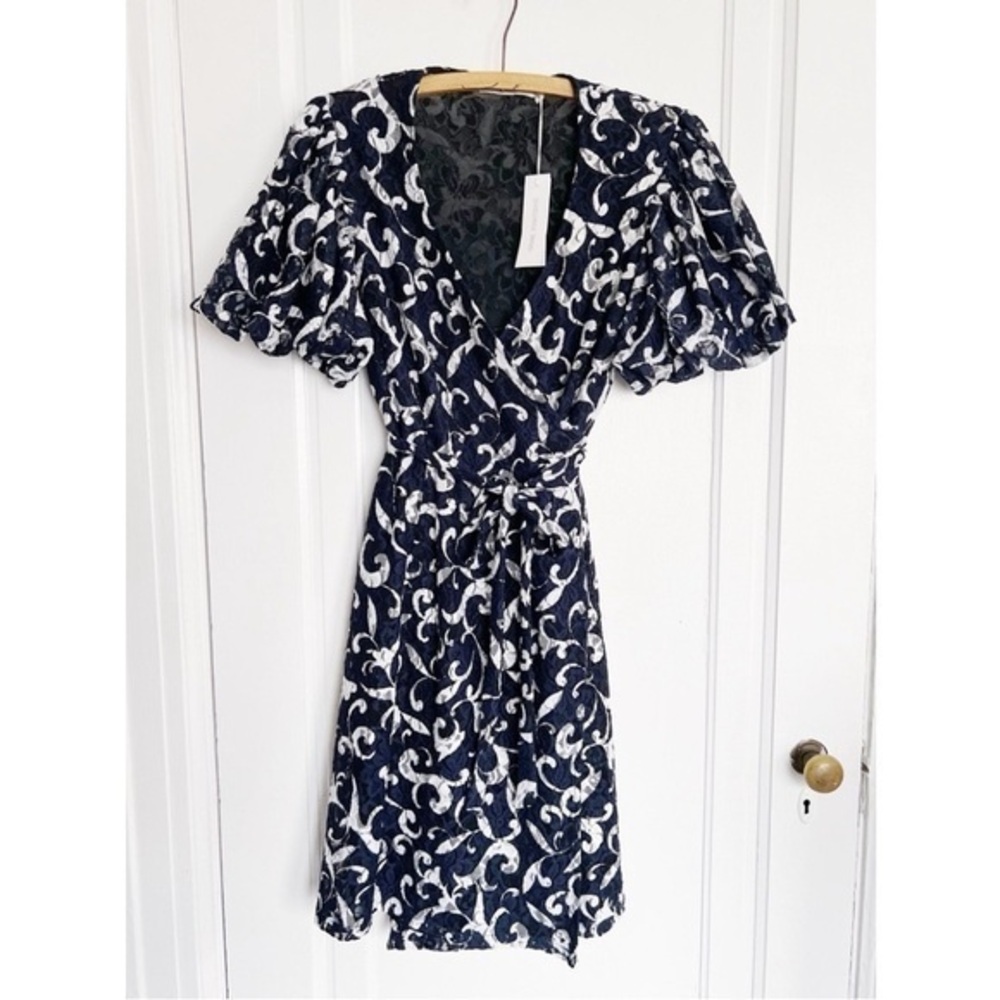NWT Anne Fontaine • Petula Dress Navy White Lace Wrap Puff Sleeve Tie Waist 6-8